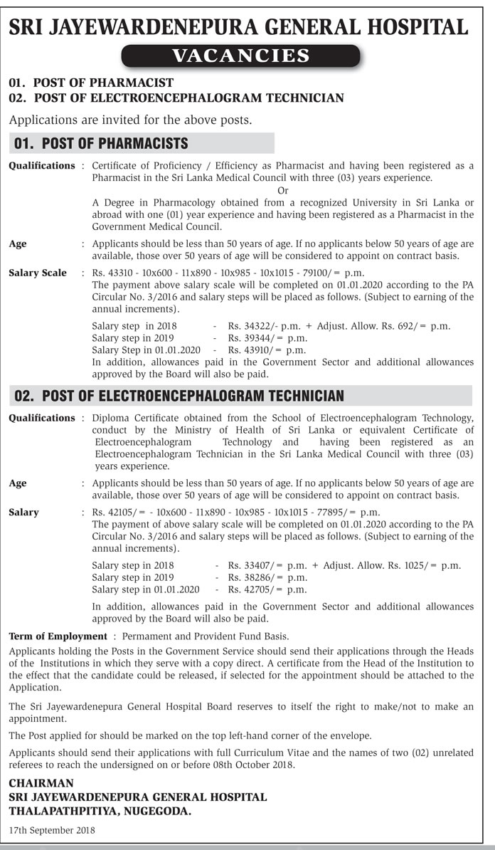 Pharmacist, Electro Encephalo Gram Technician - Sri Jayewardenepura General Hospital